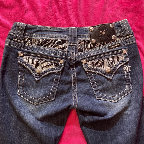 Miss Me jeans with zebra jewels. Altered size 28x 30 inseam. Dark blue like new - Picture 2 of 2